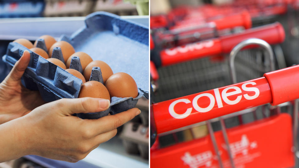 A person holding a packet of eggs (right) and a Coles trolley (left)