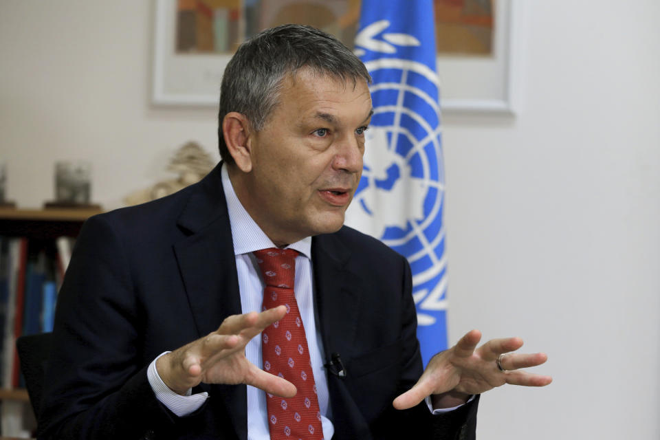 The Commissioner-General of the U.N. agency for Palestinian refugees Philippe Lazzarini, speaks during an interview with The Associated Press at the U.N. relief agency, UNRWA, headquarters in Beirut, Lebanon, Wednesday, Sept. 16, 2020. The financial crisis that the U.N. agency for Palestinian refugees is experiencing could lead to ceasing some of its activities in what would raise risks of instability in this volatile region, Lazzarini said Wednesday. (AP Photo/Bilal Hussein)