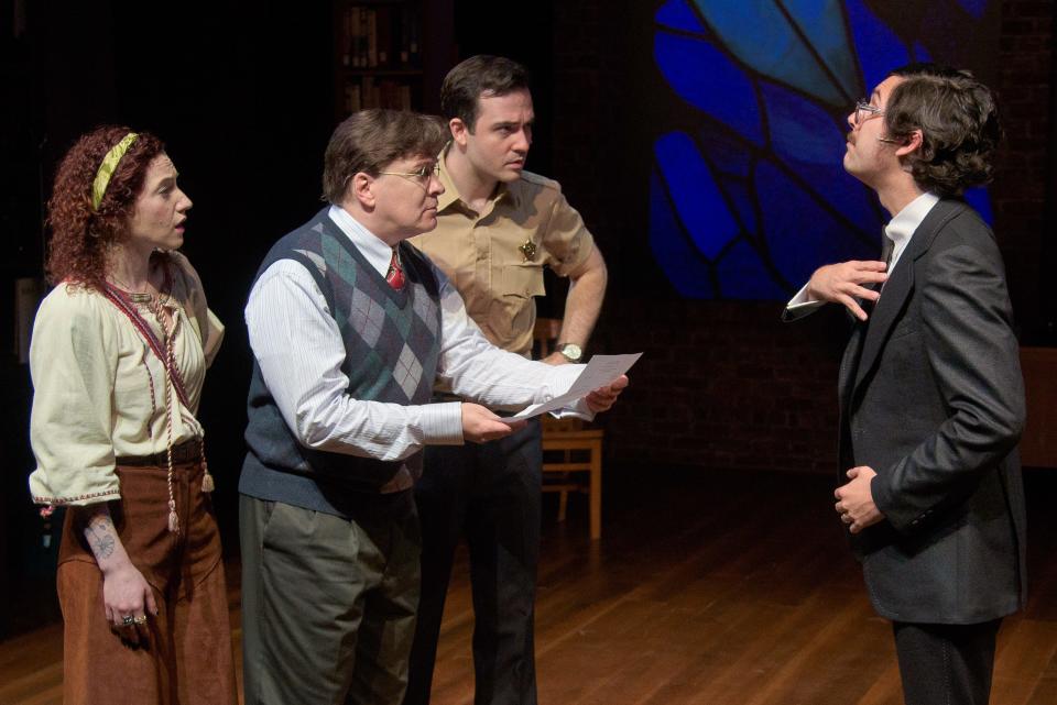 From left, Malka Wallick, Kraig Swartz, Britt Michael Gordon and Jared Sellick in a scene from the world premiere of Bruce Graham’s “Visit Joe Whitefeather (and bring the family!)” at Florida Studio Theatre.