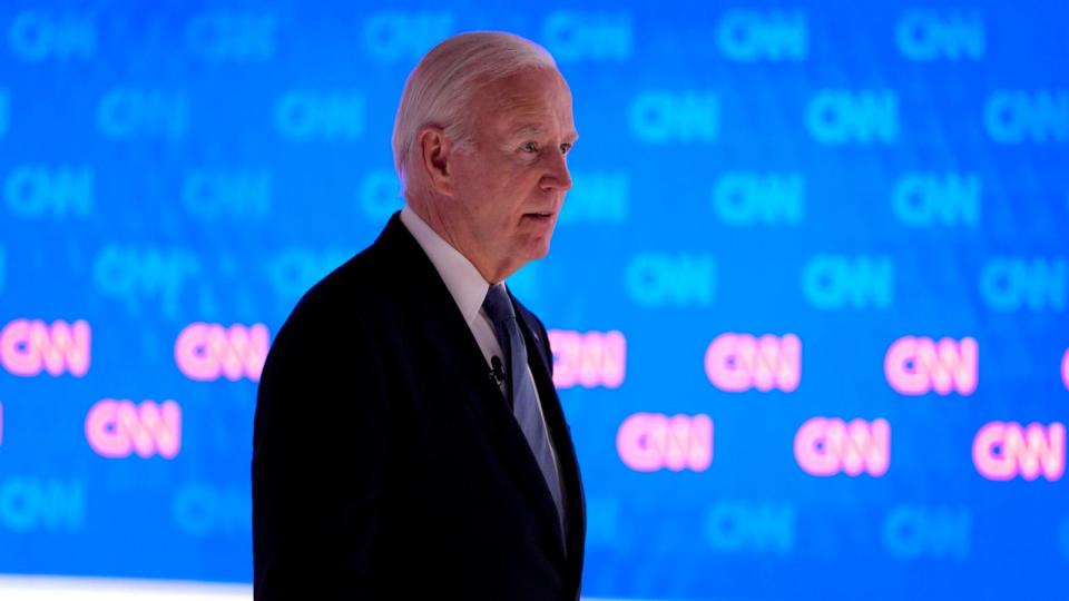 PHOTO: President Joe Biden walks off stage during a break in a presidential debate with former President Donald Trump hosted by CNN, June 27, 2024, in Atlanta.  (Gerald Herbert/AP)