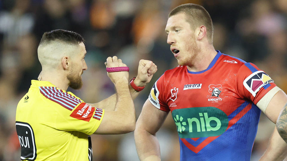 Seen here, Jack Hetherington is placed on report for slapping an opponent in Newcastle's win over the Tigers.