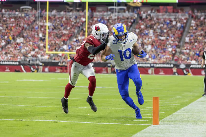 Wide receiver (10) Cooper Kupp of the Los Angeles Rams runs the ball for a touchdown.