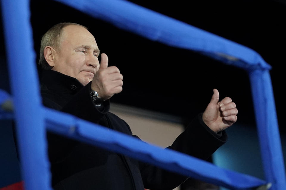 FILE- Russian President Vladimir Putin attends the opening ceremony of the 2022 Winter Olympics, Friday, Feb. 4, 2022, in Beijing. Be it sports, politics, hacking or war, the recent history of Russia's relationship with the world can be summed up in one phrase: They get away with it. (AP Photo/Sue Ogrocki, File)