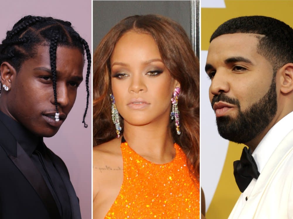 Rihanna war von 2009 bis 2016 in einer On-off-Beziehung mit Drake (r.). Heute ist sie mit A$AP Rocky (l.) liiert. (Bild: John Nacion/starmaxinc.com/ImageCollect / imago/Future Image / action press)