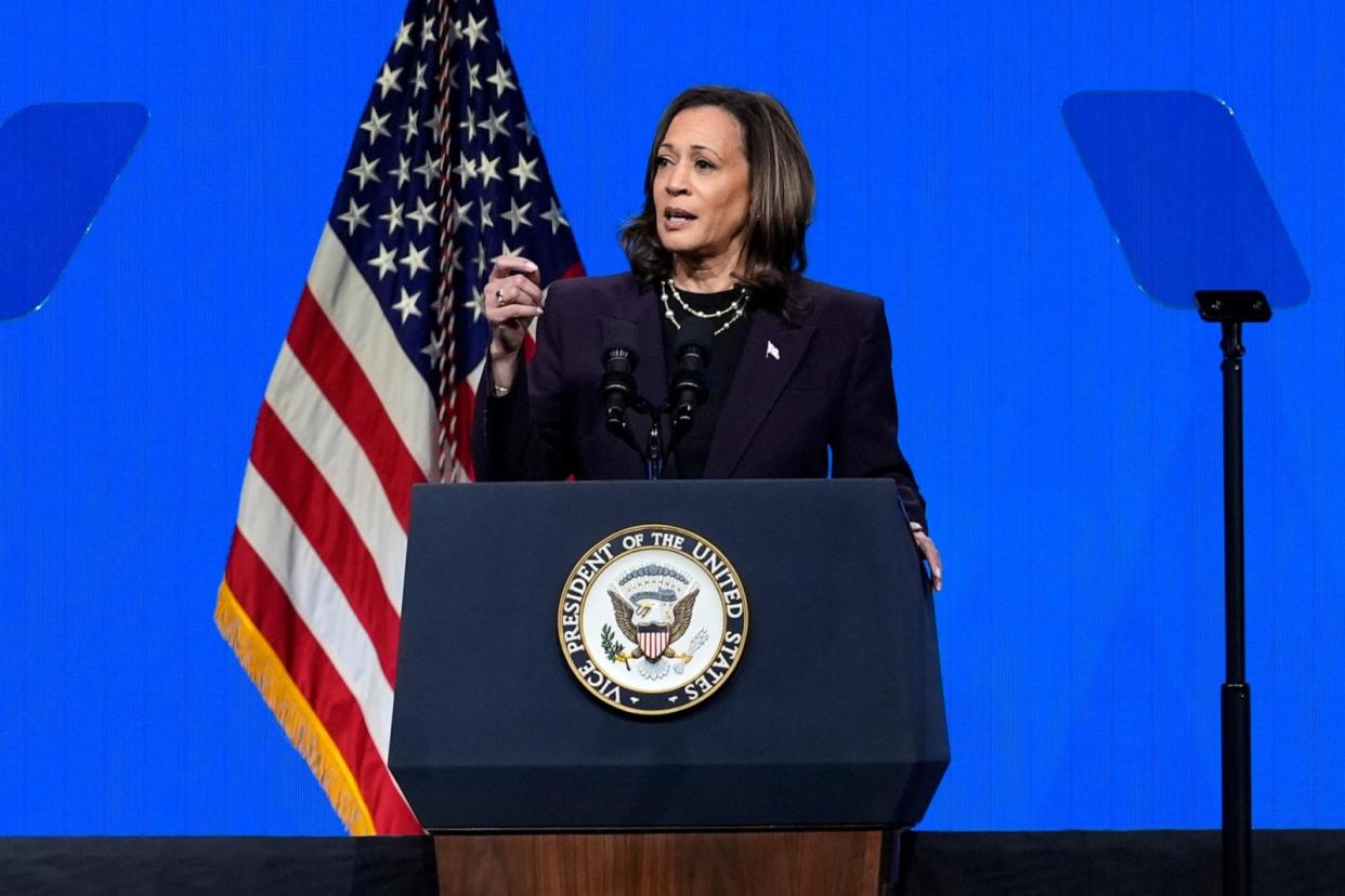 PHOTO: Vice President Kamala Harris speaks during the American Federation of Teachers' 88th national convention, July 25, 2024, in Houston. (Tony Gutierrez/AP)