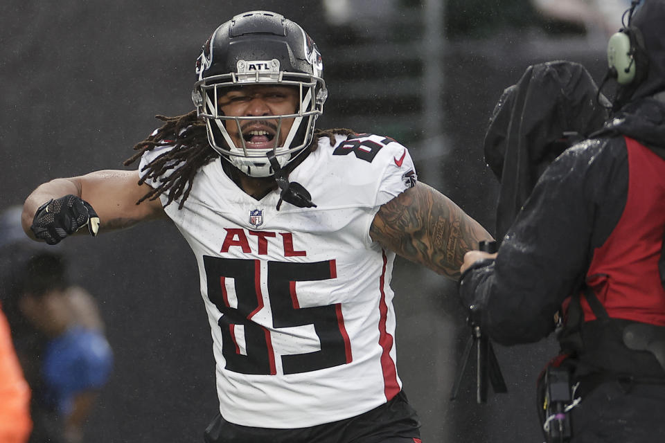 Atlanta Falcons tight end MyCole Pruitt (85) celebrates after scoring a touchdown against the New York Jets during the second quarter of an NFL football game, Sunday, Dec. 3, 2023, in East Rutherford, N.J. (AP Photo/Adam Hunger)