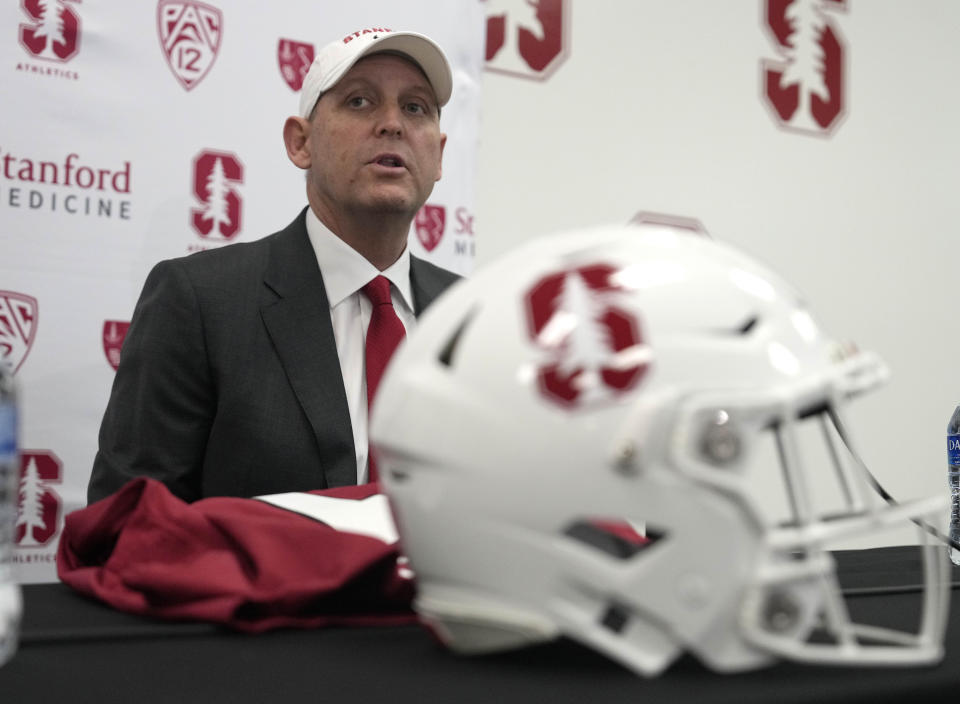 Troy Taylor speaks after being introduced as the new head NCAA college football coach at Stanford during a news conference, Monday, Dec. 12, 2022, in Stanford, Calif. (AP Photo/Tony Avelar)