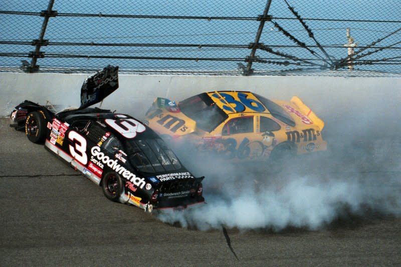 Seven-time NASCAR Winston Cup champion Dale Earnhardt dies in this last lap accident with Ken Schrader in turn four at the 43rd Daytona 500 at Daytona International Speedway in Florida, February 18, 2001. File Photo by Cathy Kapulka/UPI