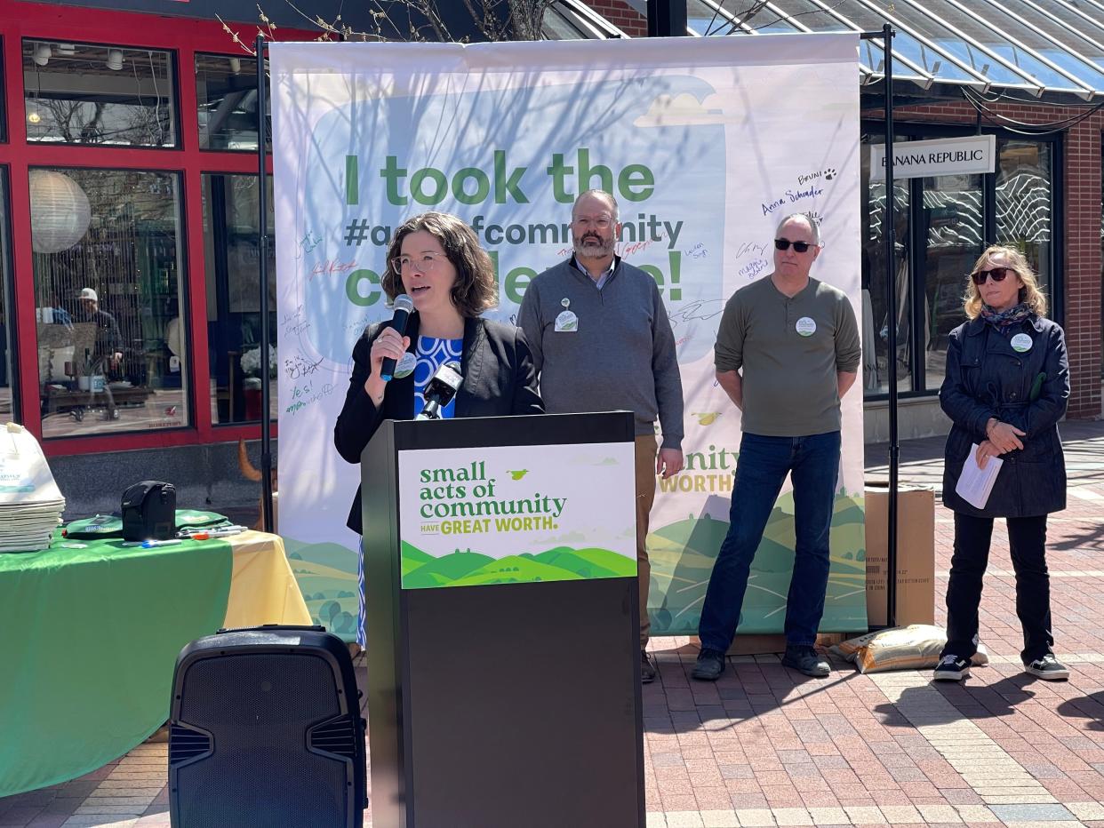 Mayor Emma Mulvaney-Stanak speaks at the Acts of Community event on Church Street April 16, 2024.