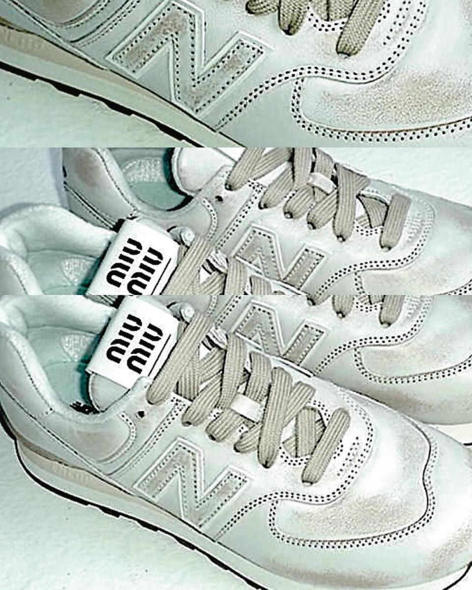 New Balance 574 x MIU MIU大理石紋丹寧布運動鞋 NT$32,000。（MIU MIU提供）