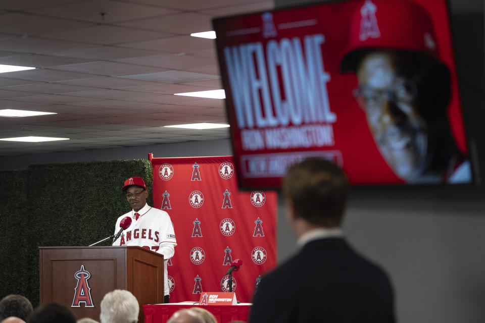 Ron Washington, the new manager of the Los Angeles Angels, speaks during a news conference Wednesday, Nov. 15, 2023, in Anaheim, Calif. The 71-year-old Washington managed the Texas Rangers from 2007-14, winning two AL pennants and going 664–611. (AP Photo/Jae C. Hong)