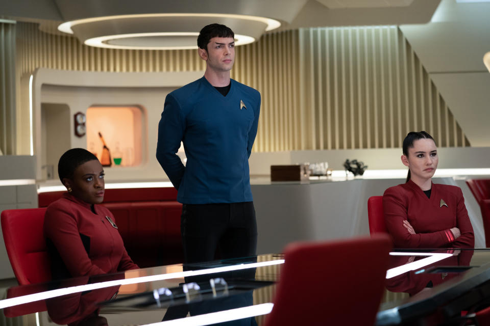 From left: Celia Rose Gooding as Uhura, Ethan Peck as Spock, and Christina Chong as La’an in ‘Star Trek: Strange New Worlds.’ - Credit: Marni Grossman/Paramount+