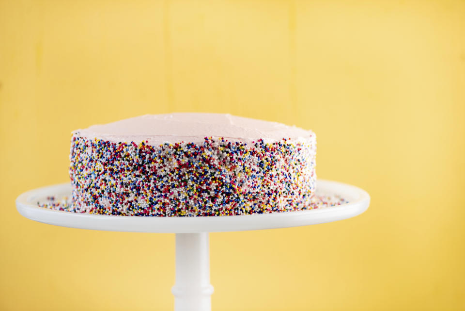 This May 2018 photo shows a cake in New York. In these coronavirus times, some couples are making their own weddings cakes for their smaller, at-home weddings. (Cheyenne Cohen/Katie Workman via AP)