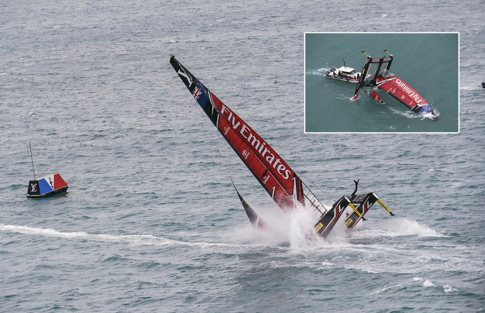 <p>This is the moment Emirates Team New Zealand suffered a spectacular capsize in their America’s Cup semi-final against Sir Ben Ainslie’s Land Rover BAR team. </p>