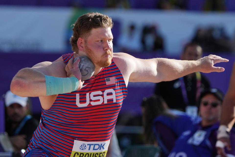 Ryan Crouser competes during the men's shot put final.