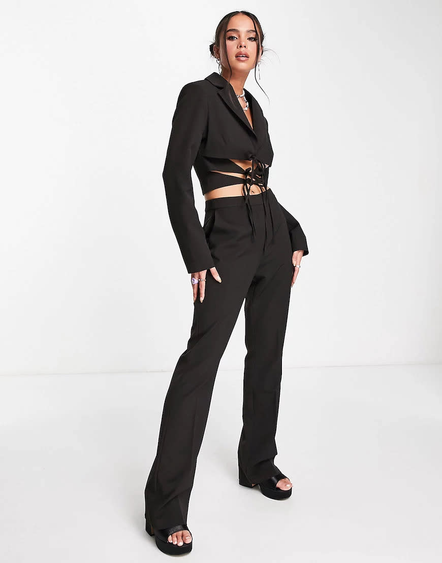 COLLUSION cropped blazer with tie detail & flared trouser in black co-ord