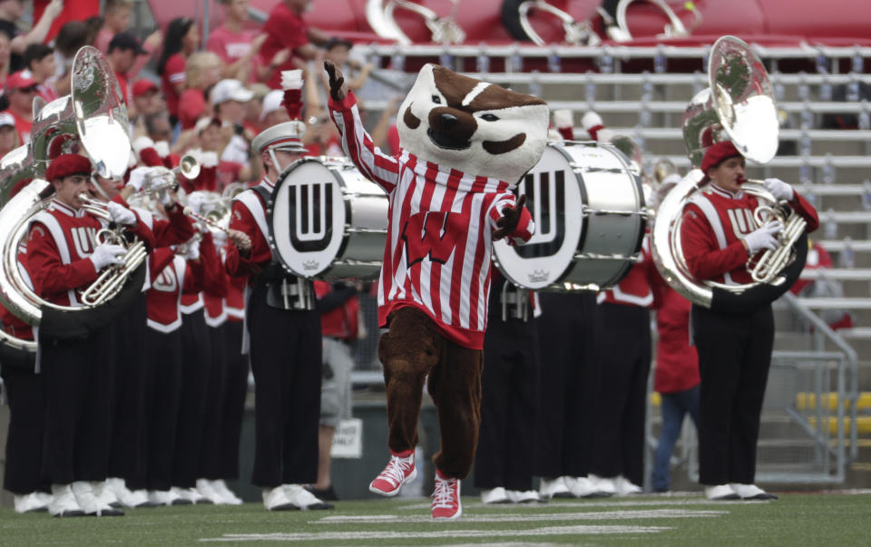 Bucky Badger is seen during the first half of an NCAA college football game between Wisconsin and the Central Michigan Saturday, Sept. 7, 2019, in Madison, Wis. (AP Photo/Morry Gash)