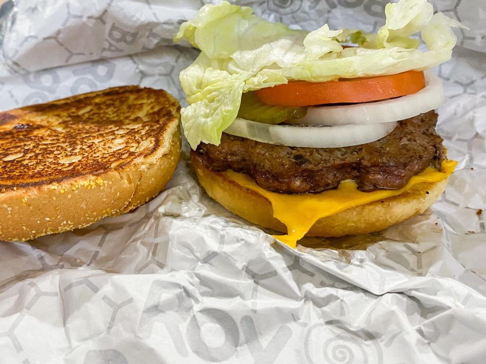 An open burger at Roy Rogers