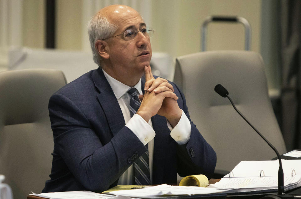 David Freedman, an attorney representing, Republican candidate Mark Harris, questions a witness during a public evidentiary hearing on the 9th congressional district voting irregularities investigation Tuesday, Feb. 19, 2019, at the North Carolina State Bar in Raleigh, N.C. (Travis Long/The News & Observer via AP)