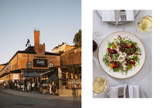 <p>From left: KASJA GÖRANSSON/COURTESY OF FOTOGRAFISKA; COURTESY OF VAXTHUSET</p> From left: The dining venues at the photography museum Fotografiska minimize food waste through partnerships with other local businesses; the beet carpaccio on Växthuset’s menu is accented with dill, rye crisp, and pickled mustard seed.