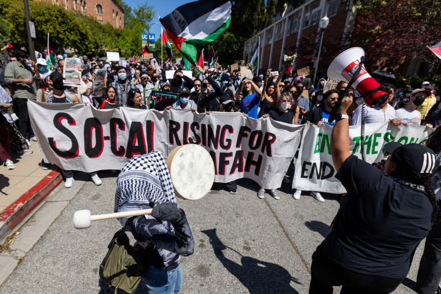 LOS ANGELES, CA – APRIL 28: Pro-Palestinian students and activists holding Palestinian flags and banners participate in a demonstration at the University of California Los Angeles (UCLA) on April 28, 2024 in Los Angeles, California. Protests against Israel’s military actions in Gaza have intensified across multiple American universities for over a week, calling for a permanent ceasefire in the Gaza Strip as well as the cessation of U.S. military aid to Israel. (Photo by Qian Weizhong/VCG via Getty Images)