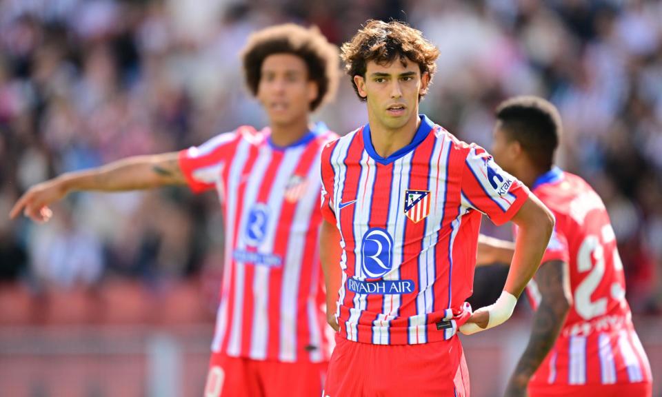 <span>João Félix after his goal during Sunday's friendly between Atlético Madrid and Juventus in Gothenburg.</span><span>Photograph: Björn Larsson Rosvall/TT/Shutterstock</span>