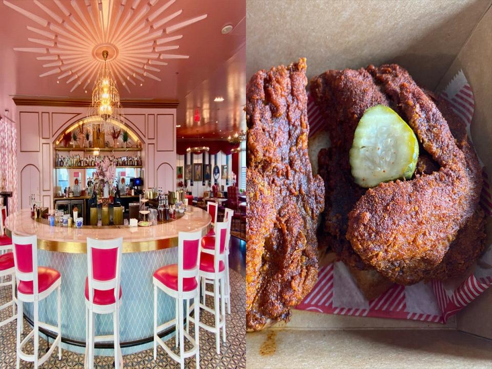 A picture of the inside of a restaurant and a picture of a chicken meal.