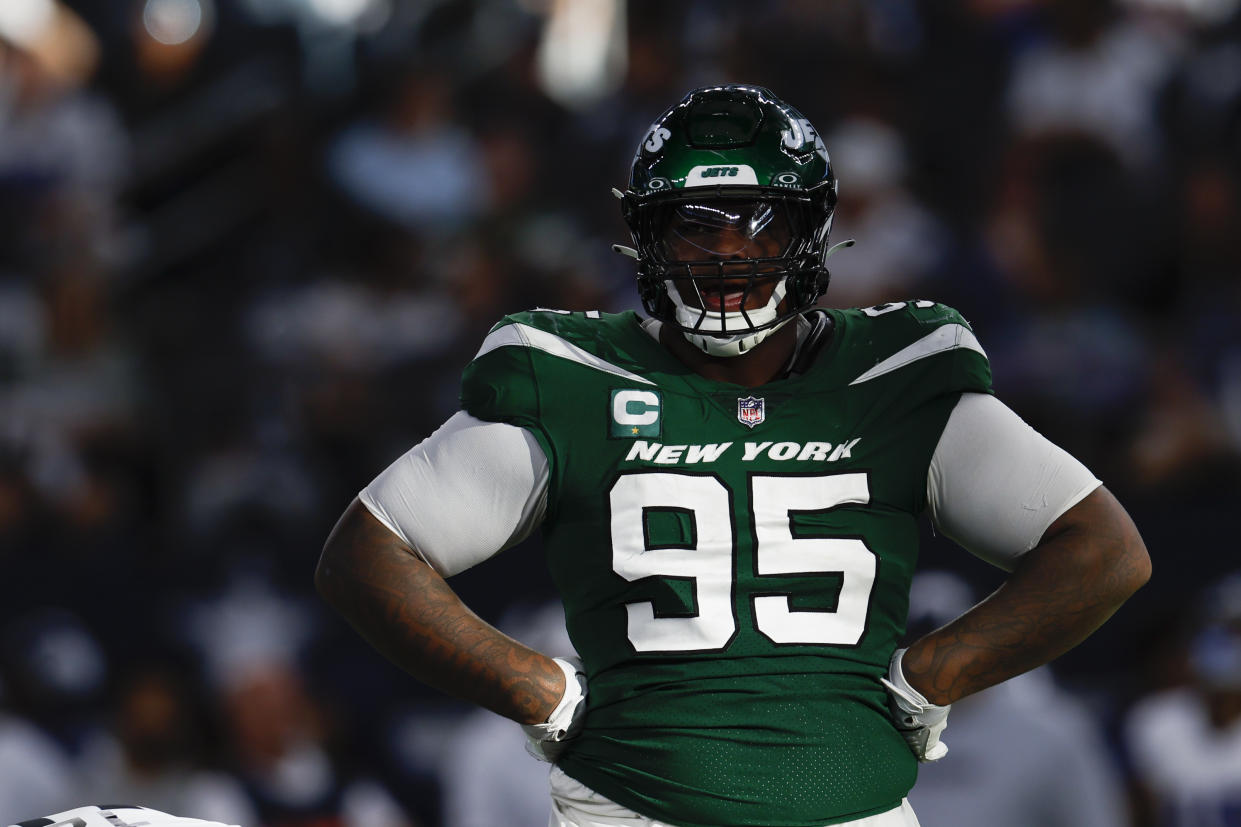 New York Jets defensive lineman Quinnen Williams (95) during an NFL football game against the Dallas Cowboys on Sunday, September 17, 2023, in Arlington, Texas. (AP Photo/Matt Patterson)