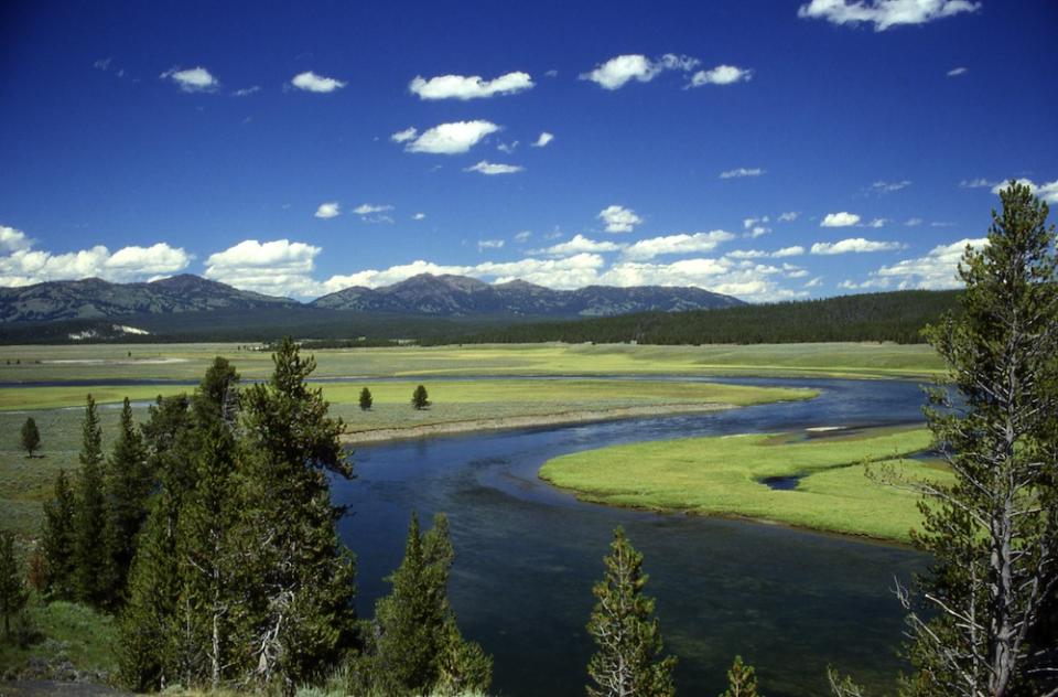 A landscape shot of the Yellowstone volcanic supervolcano in the distance