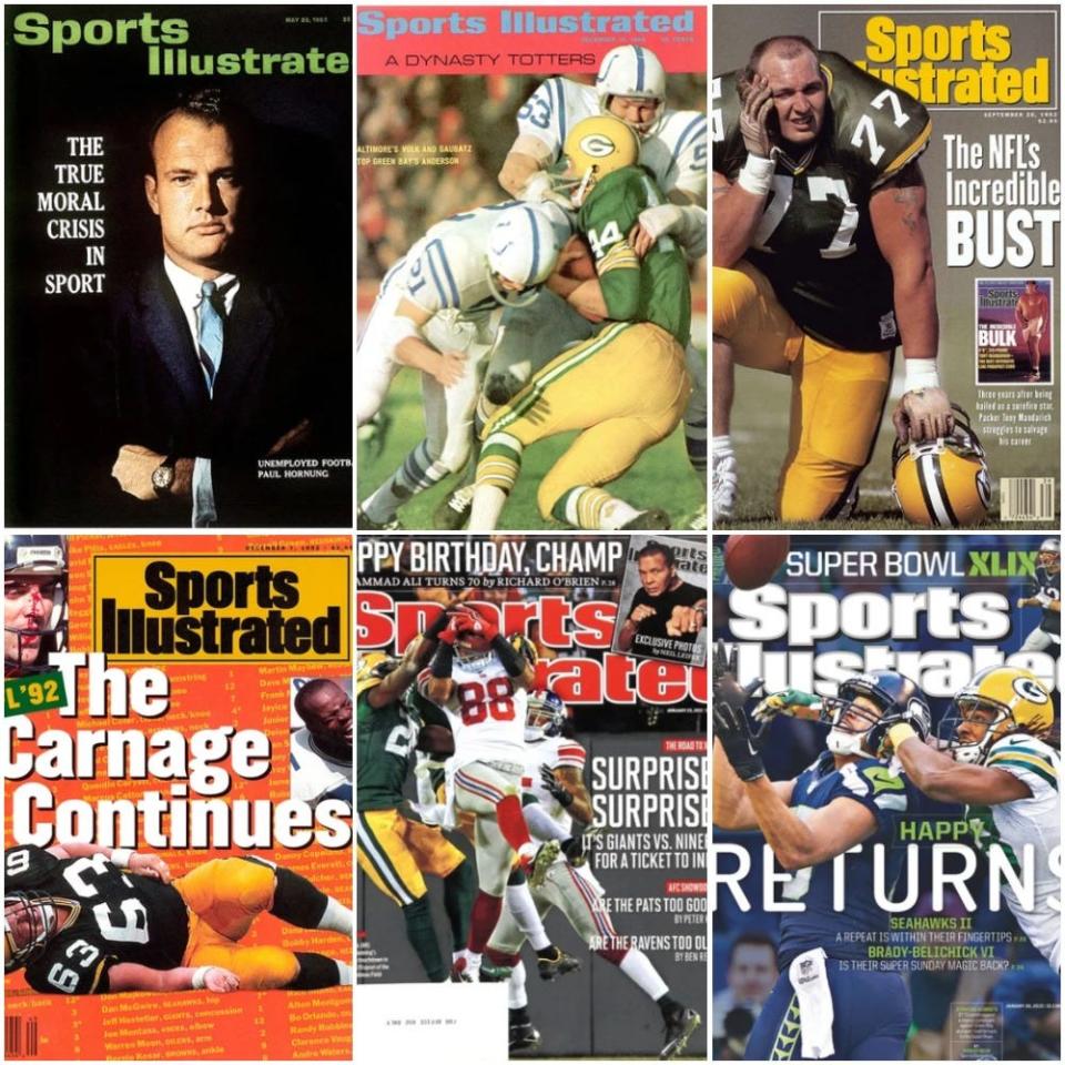 Some of the more dubious Sports Illustrated covers featuring the Packers have included (clockwise from upper left) Paul Hornung, Donnie Anderson, Tony Mandarich, Tramon Williams, Charlie Peprah and James Campen.