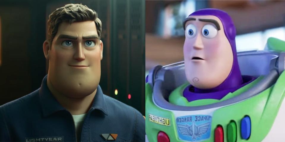 A side by side image of Buzz Lightyear as seen in "Lightyear," and the toy-version from "Toy Story."