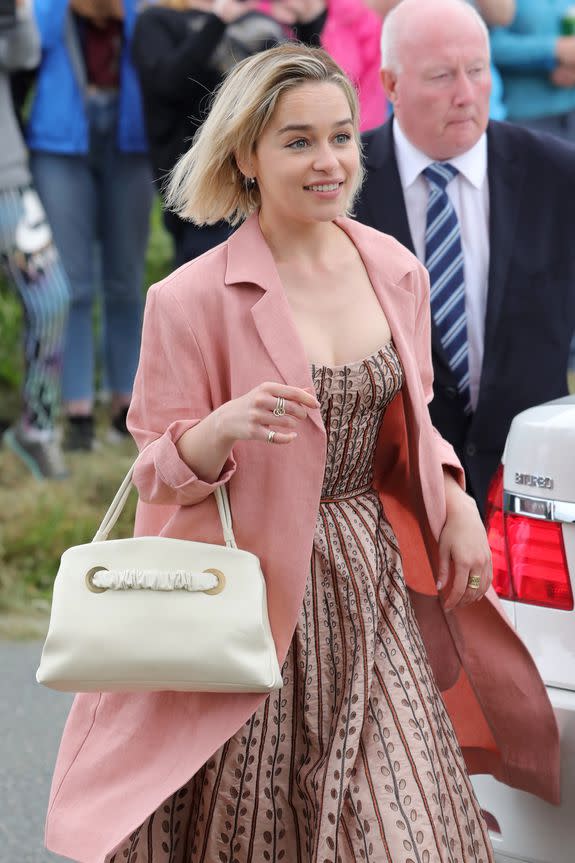 ABERDEEN, SCOTLAND - JUNE 23: Emilia Clarke arriving at Rayne Church in Kirkton on Rayne for the wedding of Kit Harrington and Rose Leslie on June 23, 2018 in Aberdeen, Scotland. (Photo by Mark Milan/GC Images)