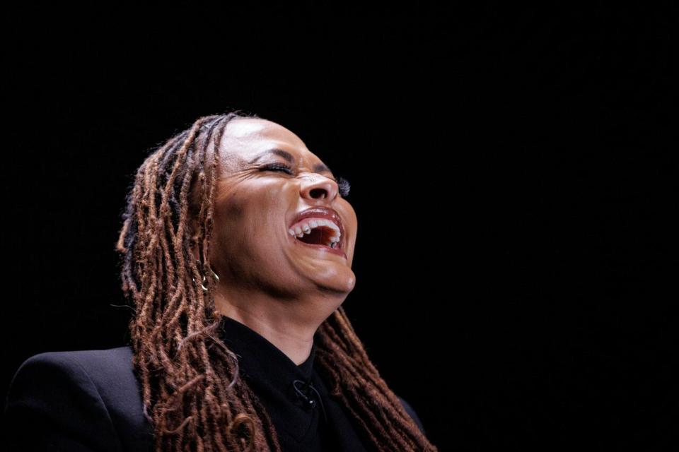 Filmmaker Ava DuVernay is pictured in conversation with the CBC’s Eli Glassner, at the TIFF Lightbox theatre, in Toronto, on Nov. 9, 2023.