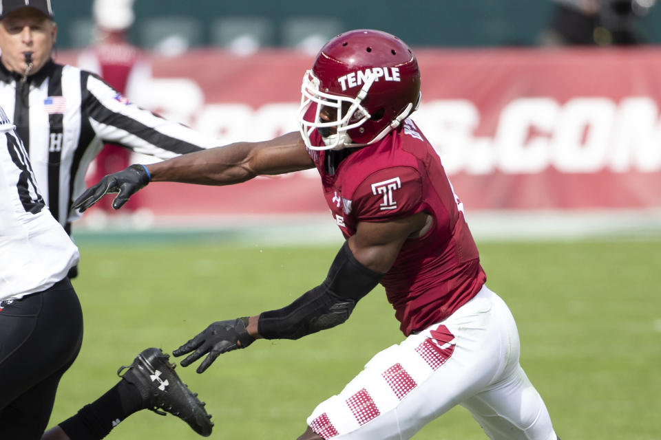 Temple's Rock Ya Sin in action during the first half of an NCAA college football against Cincinnati, Saturday, Oct. 20, 2018, in Philadelphia. (AP Photo/Chris Szagola)