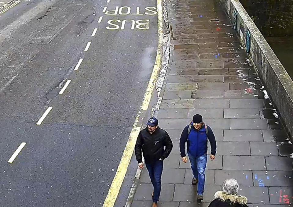 FILE In this file grab taken from CCTV and issued by the Metropolitan Police in London on Wednesday Sept. 5, 2018, Ruslan Boshirov and Alexander Petrov walk on Fisherton Road, Salisbury, England on March 4, 2018. President Vladimir Putin said on Wednesday, Sept. 12, 2018 that Russia has identified the two men that Britain named as suspects in the poisoning of a former Russian spy, and that there is "nothing criminal" about them. (Metropolitan Police via AP, File)