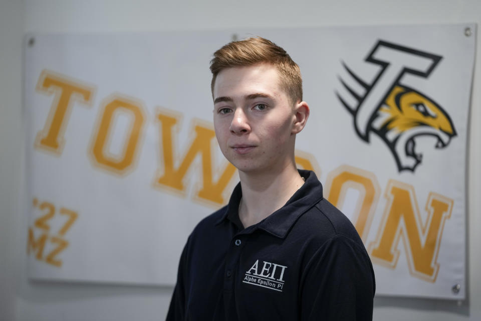 Max Zimmerman poses for a portrait, Friday, Jan. 12, 2024, in Roslyn, N.Y. Zimmerman says he’s a firm supporter of the First Amendment. But in the aftermath of Oct. 7, he says it’s sometimes scary being a Jewish student at Towson University, near Baltimore. (AP Photo/Mary Altaffer)