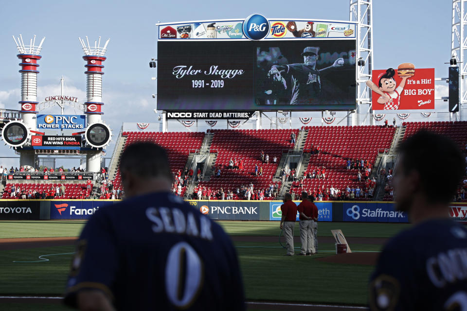 General view as Los Angeles Angels pitcher Tyler Skaggs is remembered on the scoreboard prior to a game between the Cincinnati Reds and Milwaukee Brewers at Great American Ball Park on July 1, 2019 in Cincinnati, Ohio. Skaggs passed away earlier today in Texas. (Photo by Joe Robbins/Getty Images)