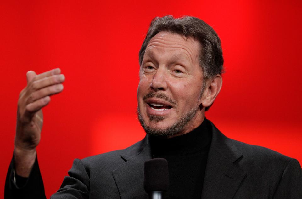 Oracle CEO Larry Ellison gives a keynote address at Oracle OpenWorld in San Francisco in 2012.