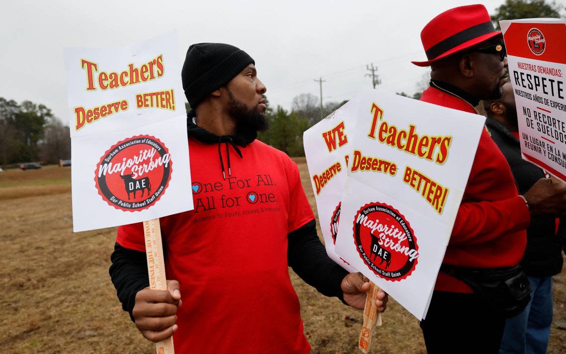 Deaundre Barfield was one of the many who gathered at a rally at Durham Public Schools Staff Development Center in Durham, N.C., Wednesday, Jan. 31, 2024. Some Durham public schools were closed Wednesday as staff — furious about unresolved salary issues — called in sick to attend protests.