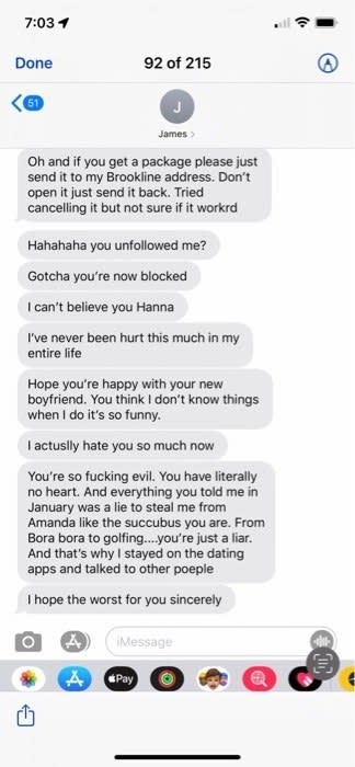 texts from ex realizing they've been blocked and calling their former partner "evil" and a "succubus," then saying "I hope the worst for you, sincerely"