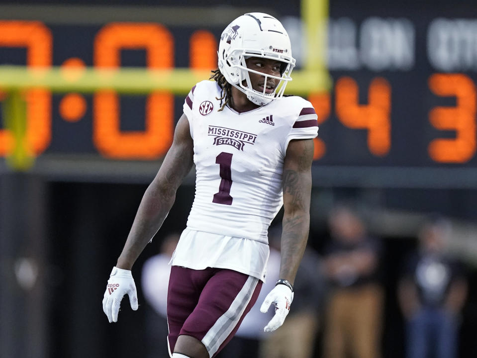 FILE - Mississippi State cornerback Martin Emerson plays against Vanderbilt during an NCAA college football game Oct. 23, 2021, in Nashville, Tenn. Emerson was selected by the Cleveland Browns during the third round of the NFL draft Friday, April 29. (AP Photo/Mark Humphrey, File)