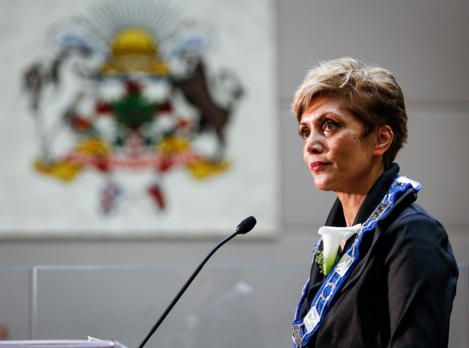 Jyoti Gondek speaks to the media after being sworn-in as the new mayor of Calgary in Calgary, Alta., Monday, Oct. 25, 2021. 