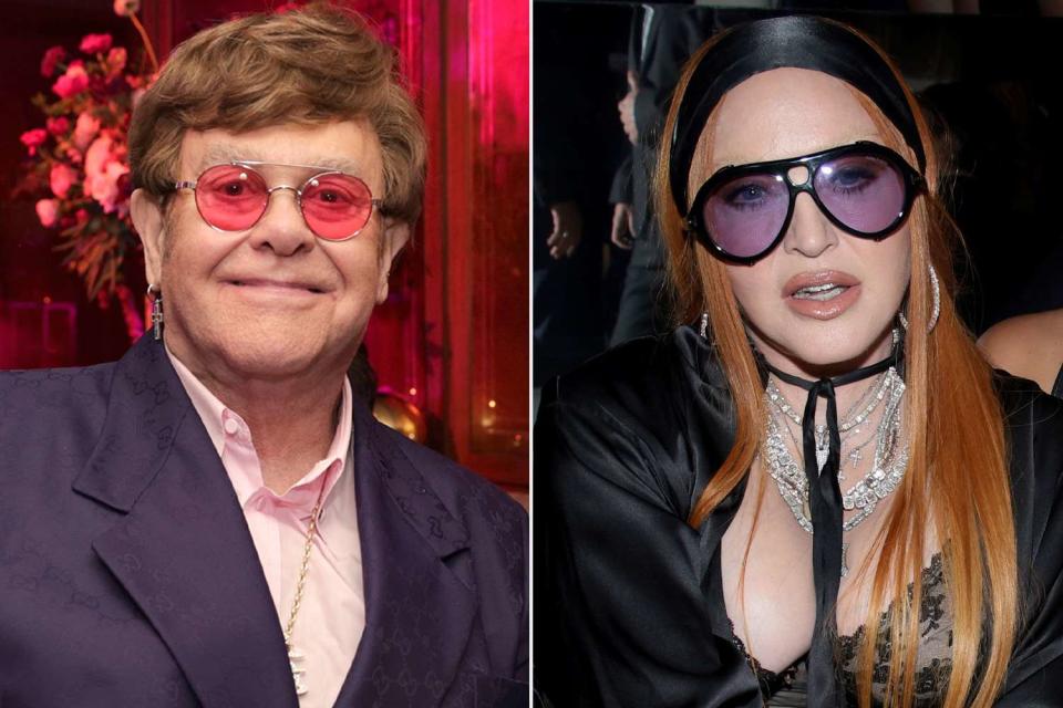 <p>Natasha Campos/Getty; Dimitrios Kambouris/Getty</p> Elton John in March 2023 and Madonna in September 2022