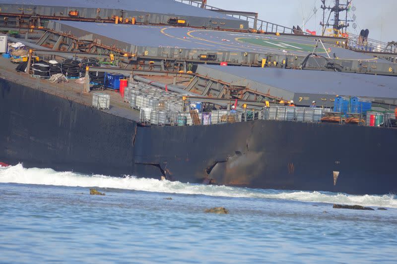 Oil from the bulk carrier ship MV Wakashio that ran aground on a reef, at Riviere des Creoles