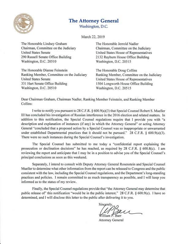 Attorney General Bill Barr notified Congress on Friday that Special Counsel Robert Mueller had completed his report and submitted it to him for review.