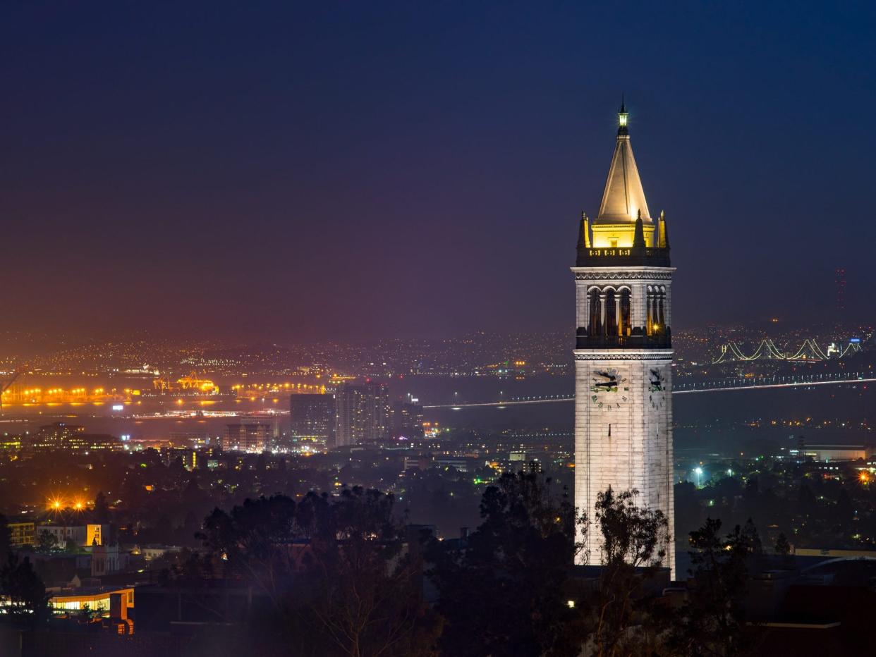 UC Berkeley Campanile Clock Tower and Bay Bridge at Dusk, Berkeley, California, USA