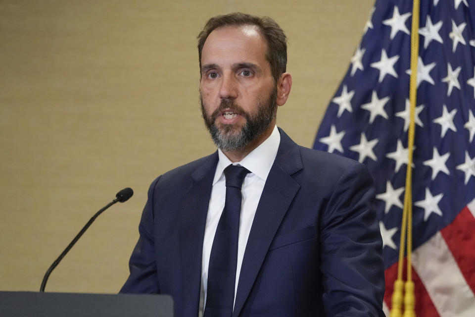 FILE - Special counsel Jack Smith speaks about an indictment of former President Donald Trump, Tuesday, Aug. 1, 2023, at a Department of Justice office in Washington. (AP Photo/Jacquelyn Martin, File)