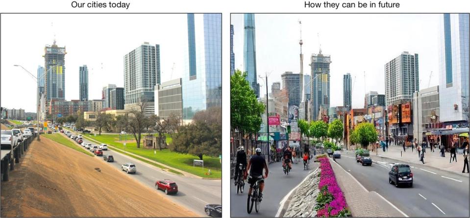 The image at left is taken from a Google street map of the I-35 expressway that runs through Austin, Texas. MIT Sloan and Princeton University researchers used generative AI (Stable Diffusion) to help participants in an experiment imagine the possible outcomes of increased investment in public transportation. (Courtesy of Rachit Dubey, Rahul Bhui, Thomas L. Griffiths, Mathew D. Hardy)