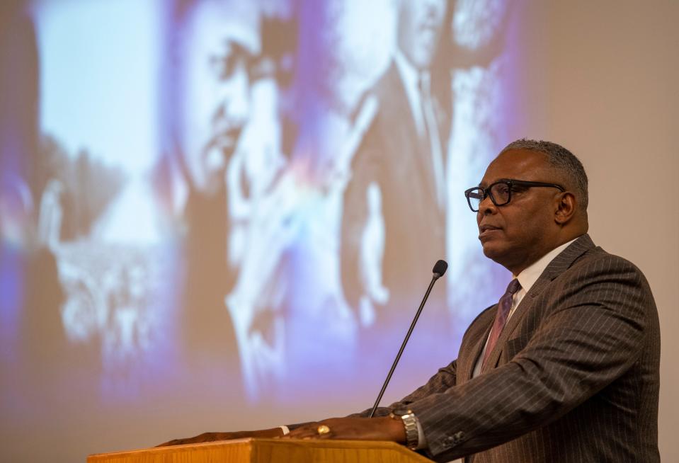 Retired Major General Barrye L. Price speaks during the University of Southern Indiana’s annual Martin Luther King, Jr. memorial celebration luncheon on campus Monday, Jan. 15, 2024.