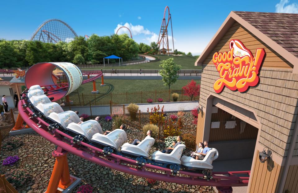 Holiday World guests will climb aboard gravy boat-shaped trains and glide along a cranberry colored track on the park's first family coaster, Good Gravy!